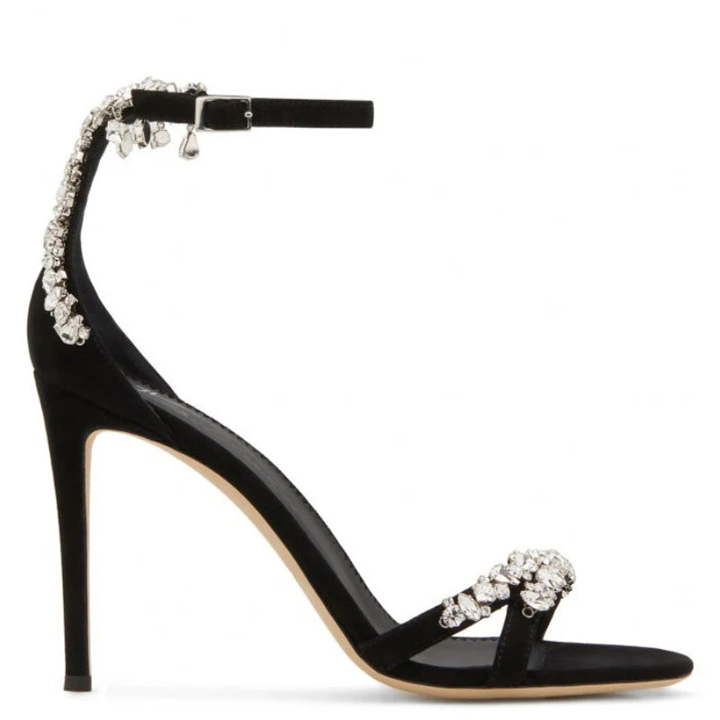 Asymmetric Crystal Embellished Suede Round Toe Stiletto Sandals - Black - Image 3