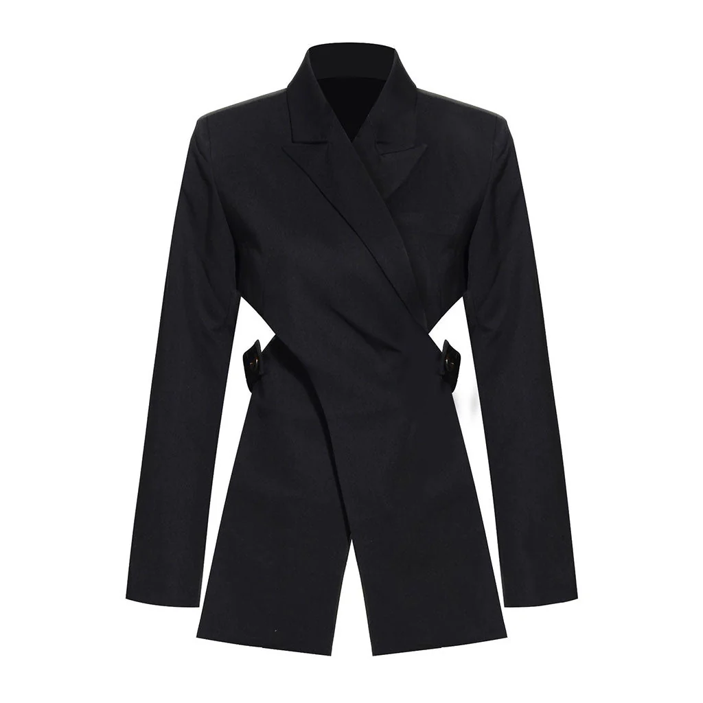 Asymmetric CutOut Peak Lapel Long Sleeve Crossover Belted Tailored Blazer