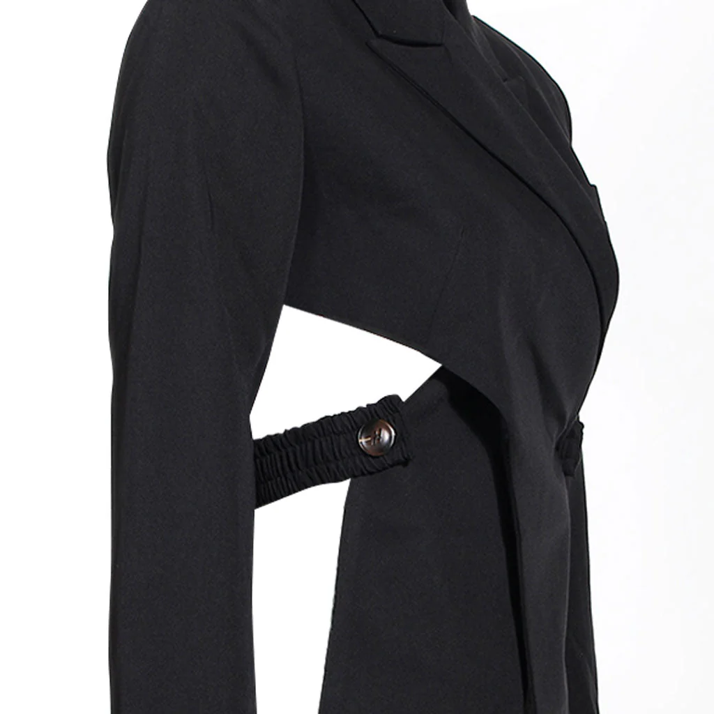 Asymmetric CutOut Peak Lapel Long Sleeve Crossover Belted Tailored Blazer - Image 3