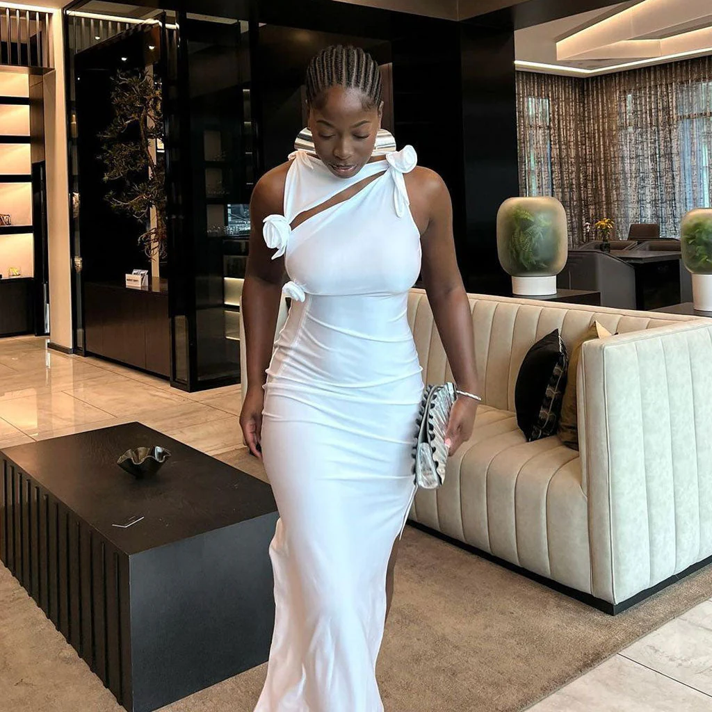 Asymmetric CutOut Rose Appliqué Side Slit High Neck Sleeveless Maxi Dress - Image 2