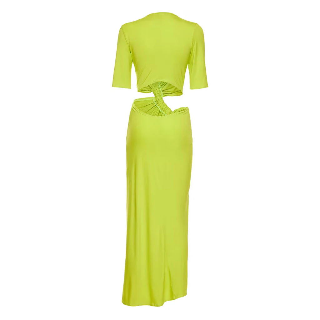 Asymmetric CutOut Ruched Twisted Front Round Neck Short Sleeve Midi Dress - Image 2