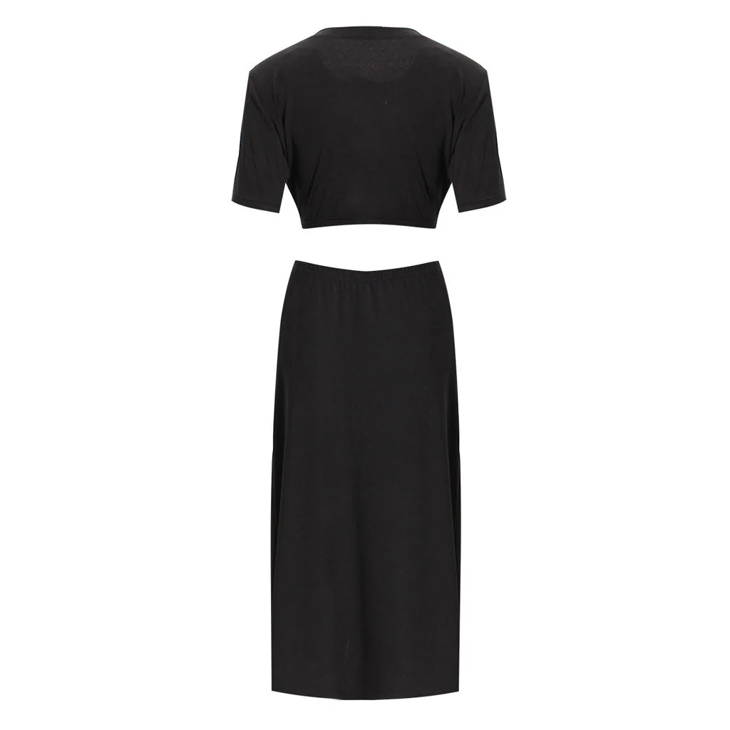 Asymmetric CutOut Ruched Twisted Front Round Neck Short Sleeve Midi Dress - Image 4
