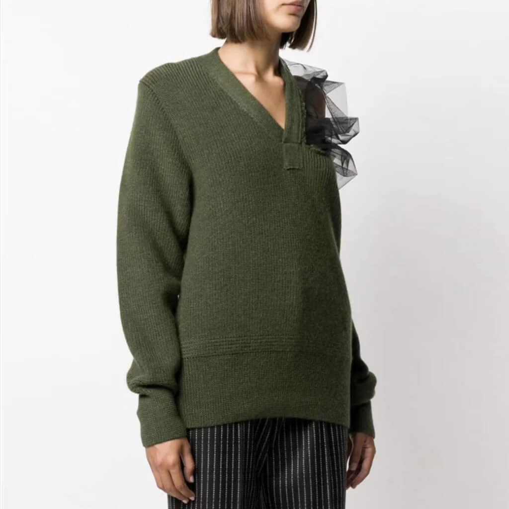 Asymmetric CutOut Tulle Panel V Neck Brioche Rib Knit Sweater - Image 4