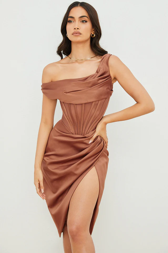 Asymmetric Drape Midi Corset Dress - Image 18