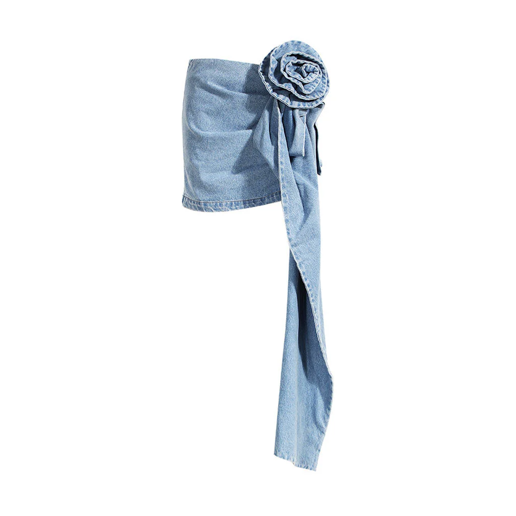 Asymmetric Draped Floral Corsage High Waist Denim Mini Skirt - Image 5