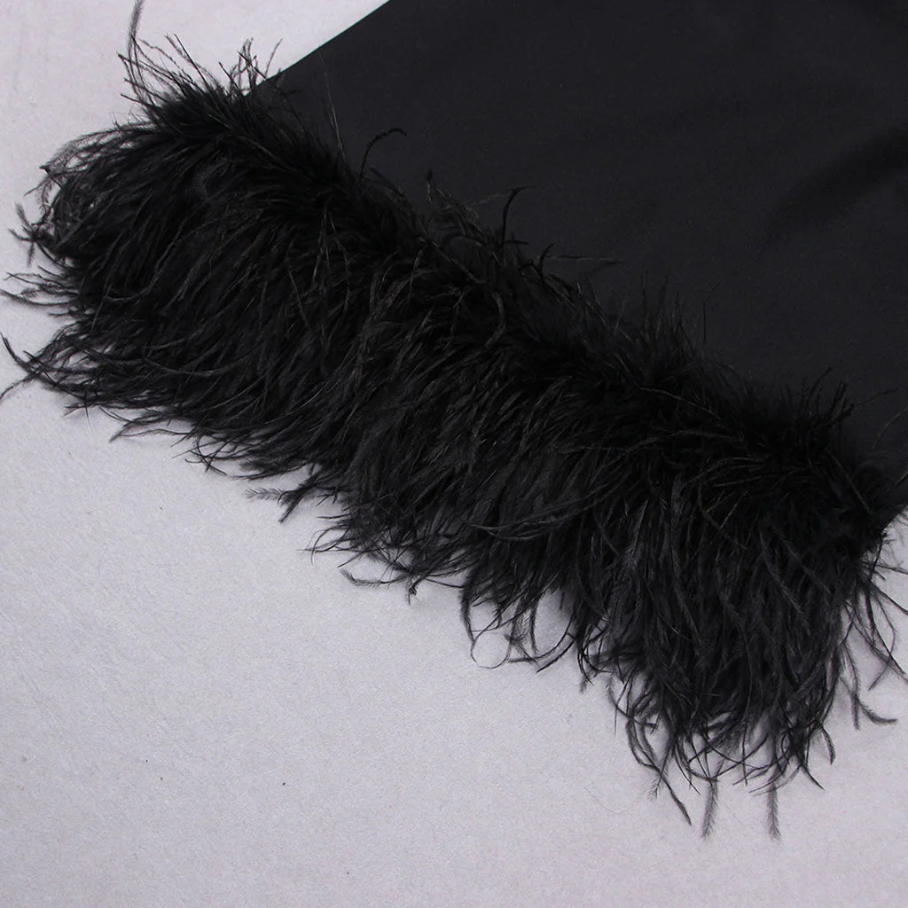 Asymmetric Faux Feather Trim Plunging Long Sleeve Mini Bandage Dress - Black - Image 5
