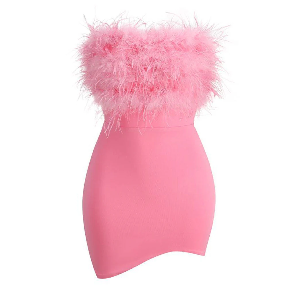 Asymmetric Feather Trim Strapless Backless CutOut Bodycon Mini Party Dress - Image 5