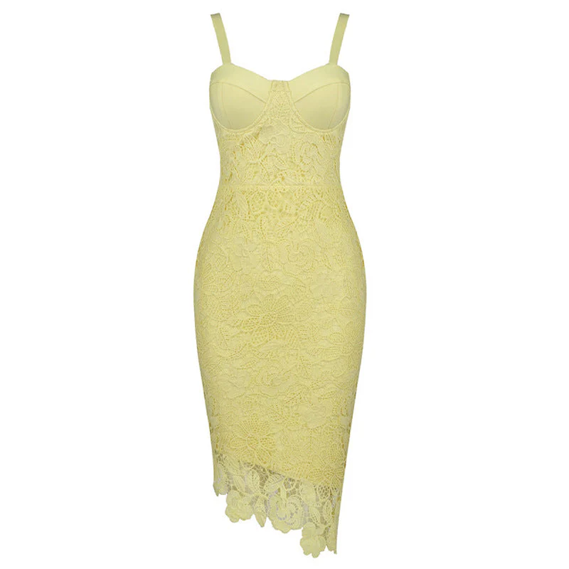 Asymmetric Floral Lace Embroidered Bustier Bandage Party Dress - YelLow - Image 2