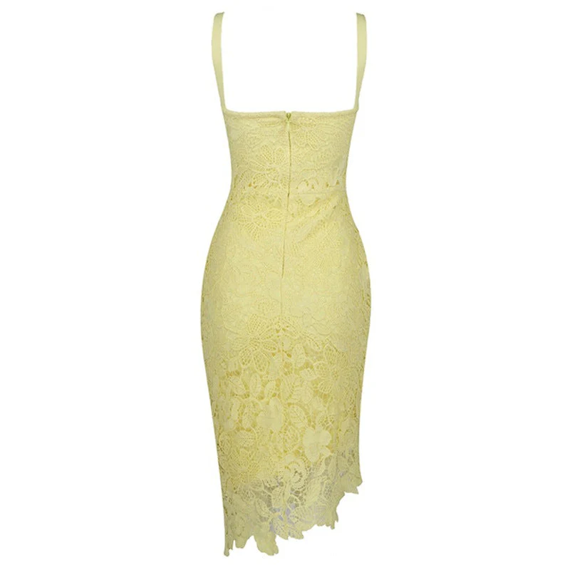 Asymmetric Floral Lace Embroidered Bustier Bandage Party Dress - YelLow - Image 4