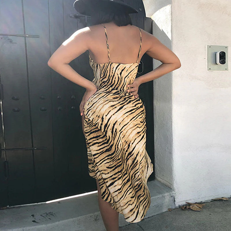 Asymmetric Hem Animal Print High Split Sleeveless Midi Dress - Tiger - Image 2