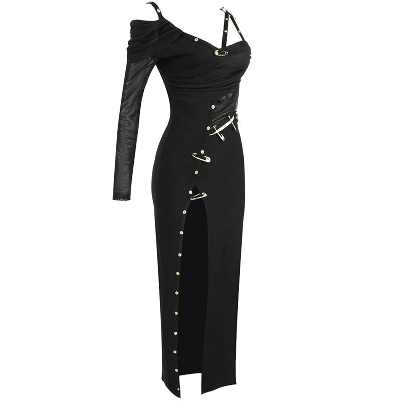 Asymmetric High Slit Pin Trim CutOut Drape Bandage Maxi Dress - Black - Image 3