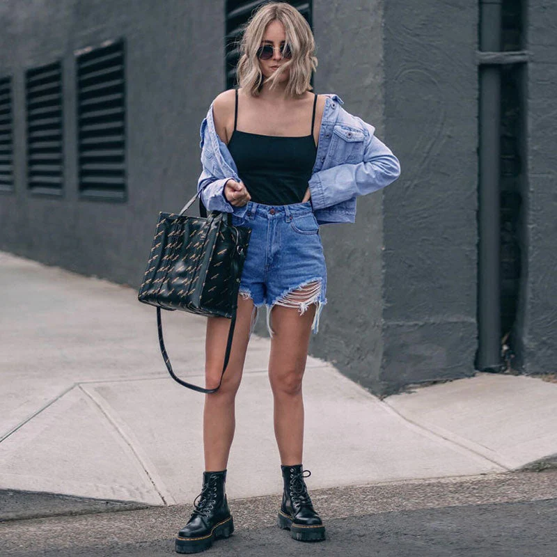 Asymmetric High Waist Cut Out Distressed Denim Shorts - Blue - Image 2