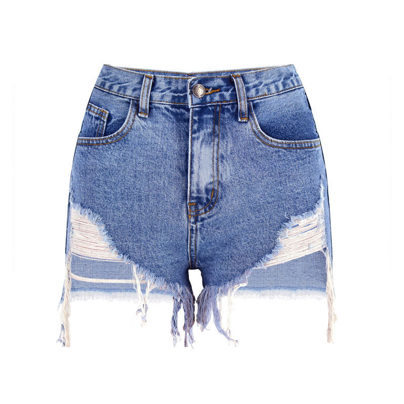 Asymmetric High Waist Cut Out Distressed Denim Shorts - Blue - Image 4