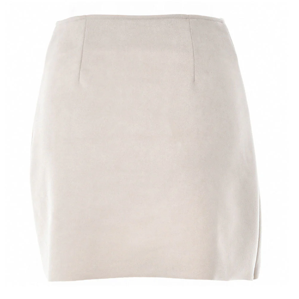 Asymmetric High Waist Scalloped Button Up Faux Suede Wrap Mini Skirt - Beige - Image 4