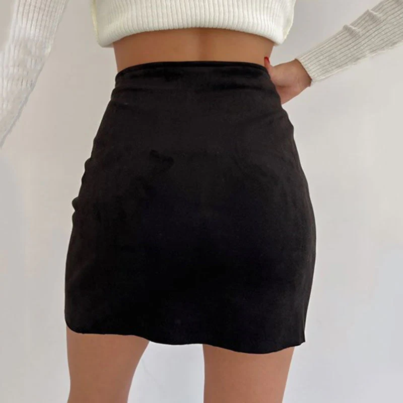 Asymmetric High Waist Scalloped Button Up Faux Suede Wrap Mini Skirt - Black - Image 3
