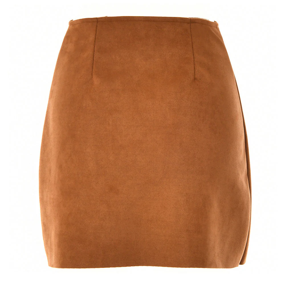 Asymmetric High Waist Scalloped Button Up Faux Suede Wrap Mini Skirt - Brown - Image 4