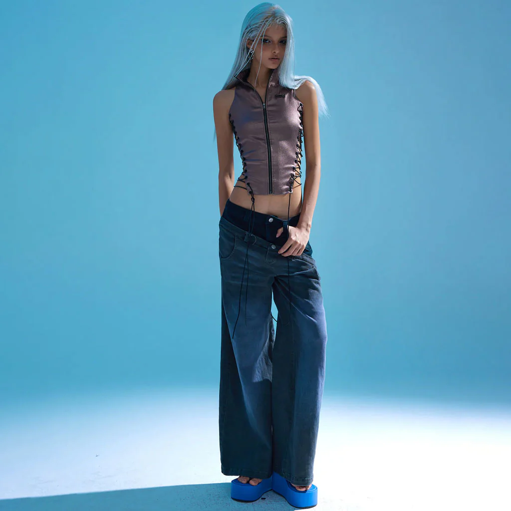 Asymmetric Hybrid Color Block Double Waist Whisker Detail Straight Leg Jeans - Image 2