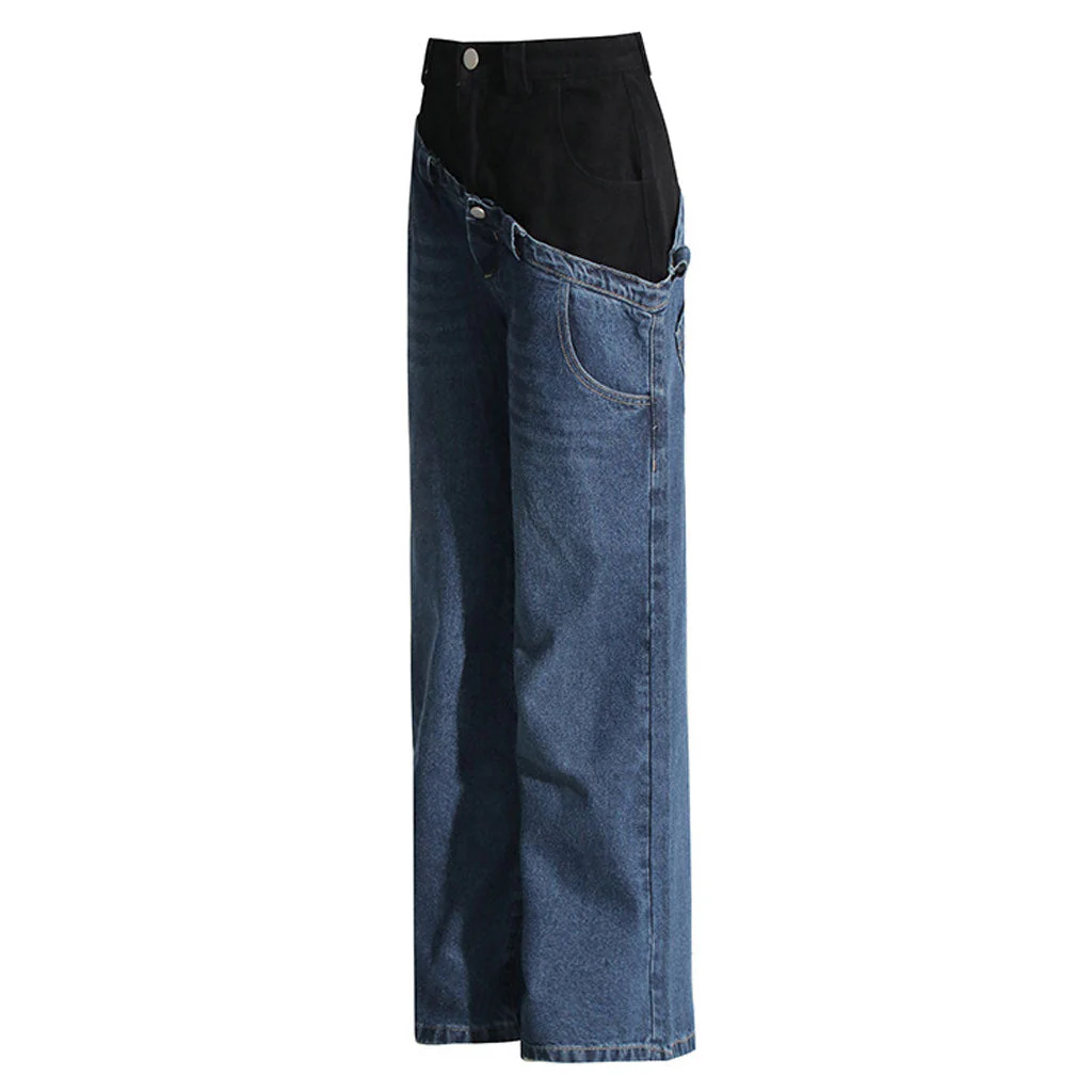 Asymmetric Hybrid Color Block Double Waist Whisker Detail Straight Leg Jeans - Image 4