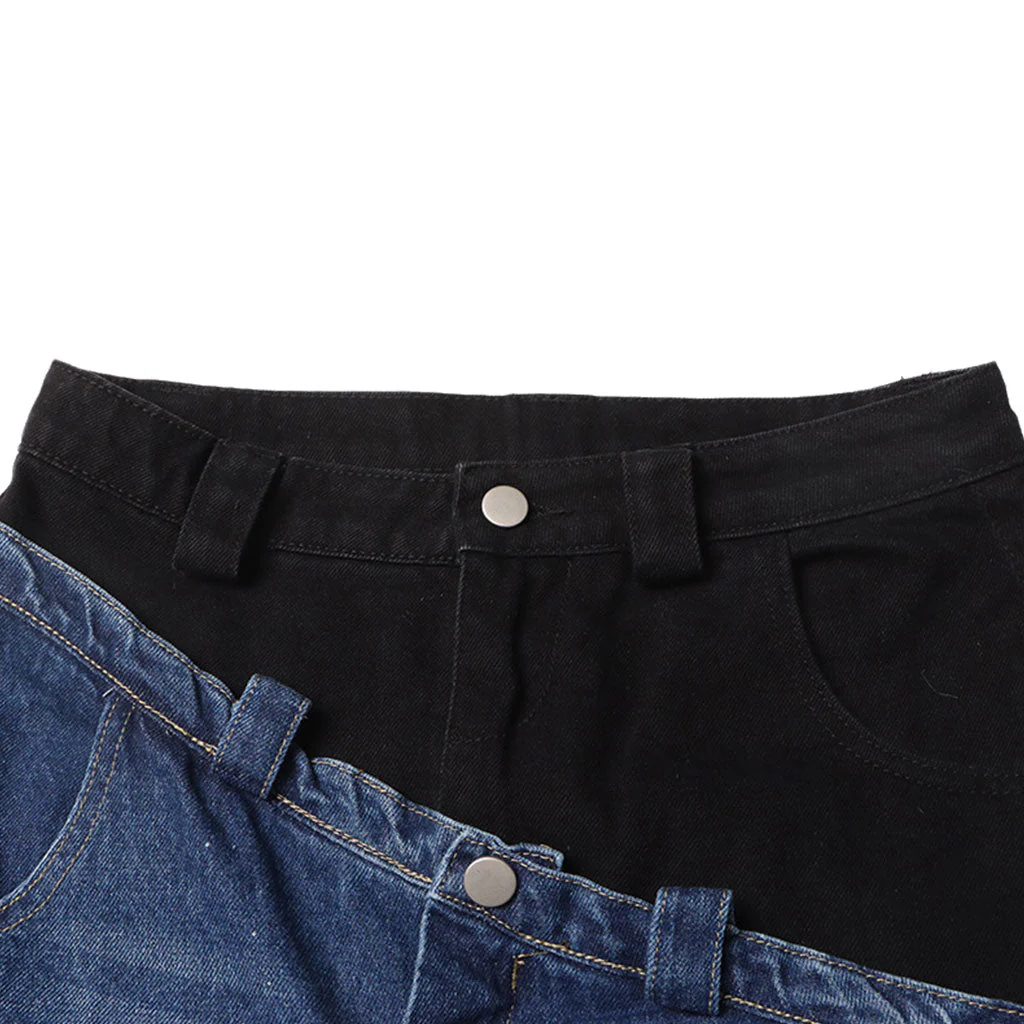 Asymmetric Hybrid Color Block Double Waist Whisker Detail Straight Leg Jeans - Image 6
