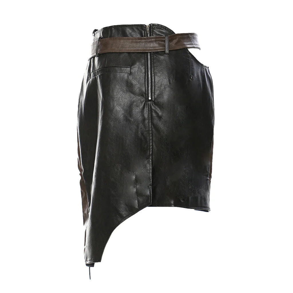 Asymmetric Lace Up Layered CutOut Belted Crinkle Vegan Leather Mini Skirt - Image 2