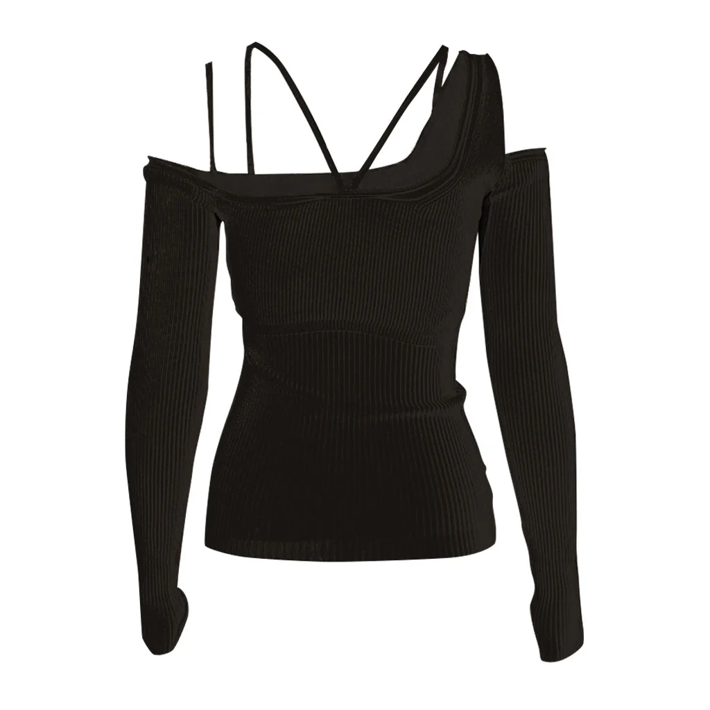 Asymmetric Off the Shoulder Long Sleeve CutOut Ribbed Knit Crop Top - Image 2