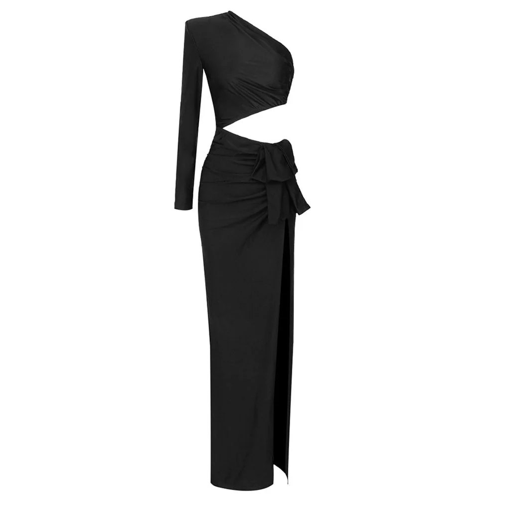 Asymmetric One Shoulder CutOut Draping Bow Ruched High Slit Maxi Dress - Black - Image 4