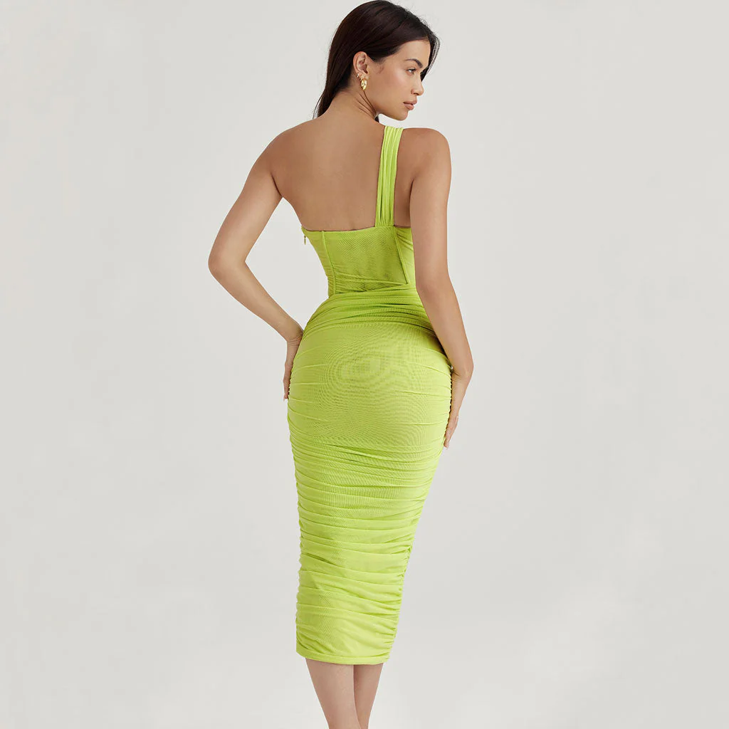 Asymmetric One Shoulder CutOut Ruched Corset Mesh Midi Dress - Lime - Image 3
