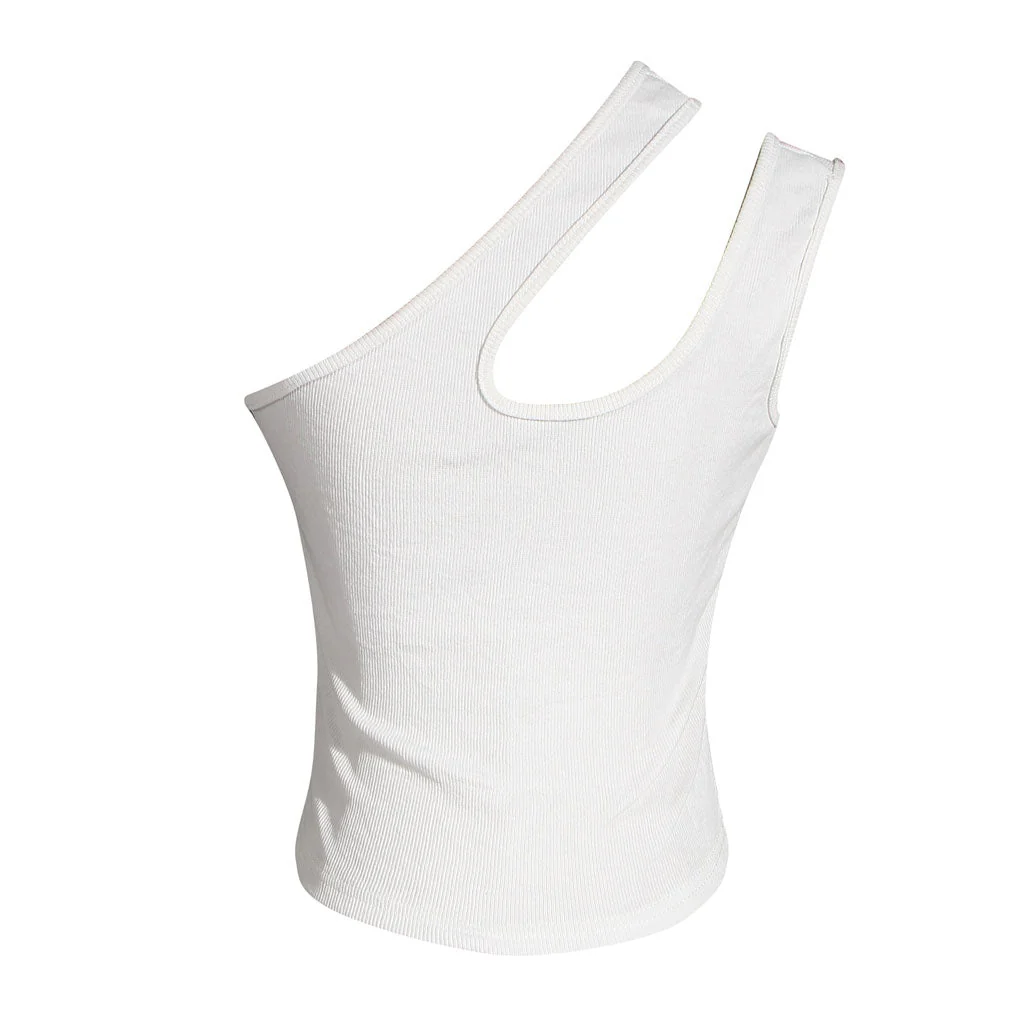 Asymmetric One Shoulder Ribbed Knit Fitted Crop Tank Top - Image 3