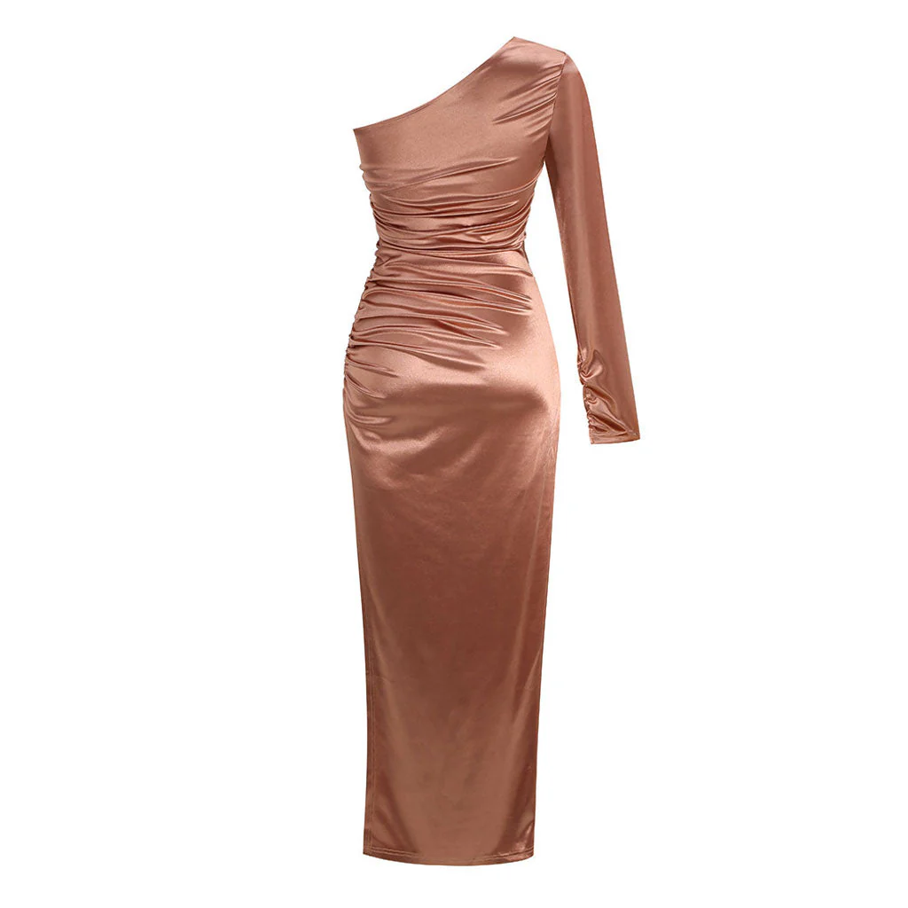 Asymmetric One Shoulder Ruched Side Split Maxi Evening Dress - Image 5