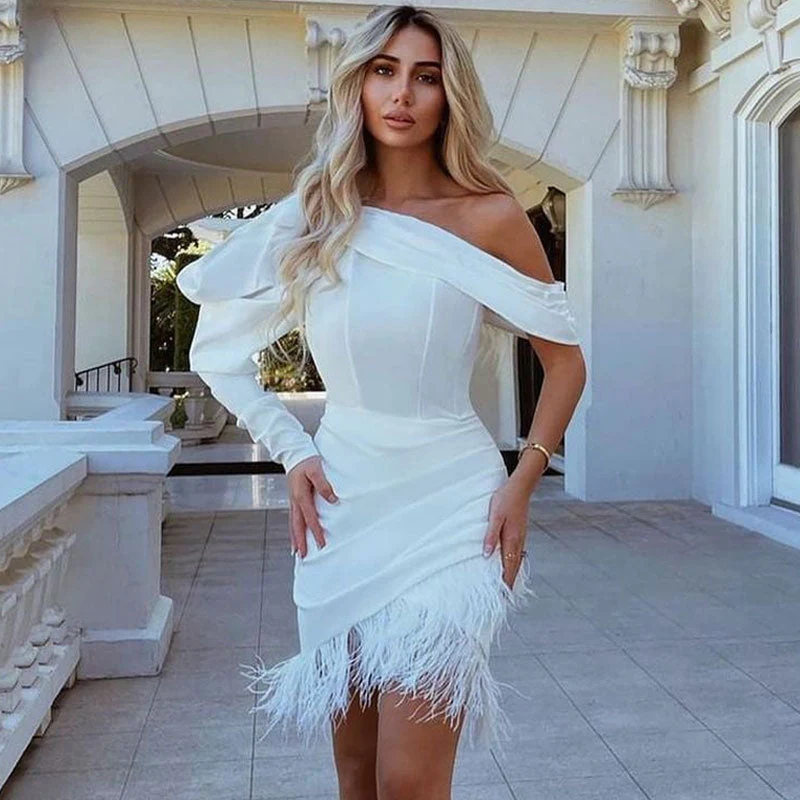 Asymmetric Puff Sleeve One Shoulder Feather Corset Mini Dress - White - Image 3