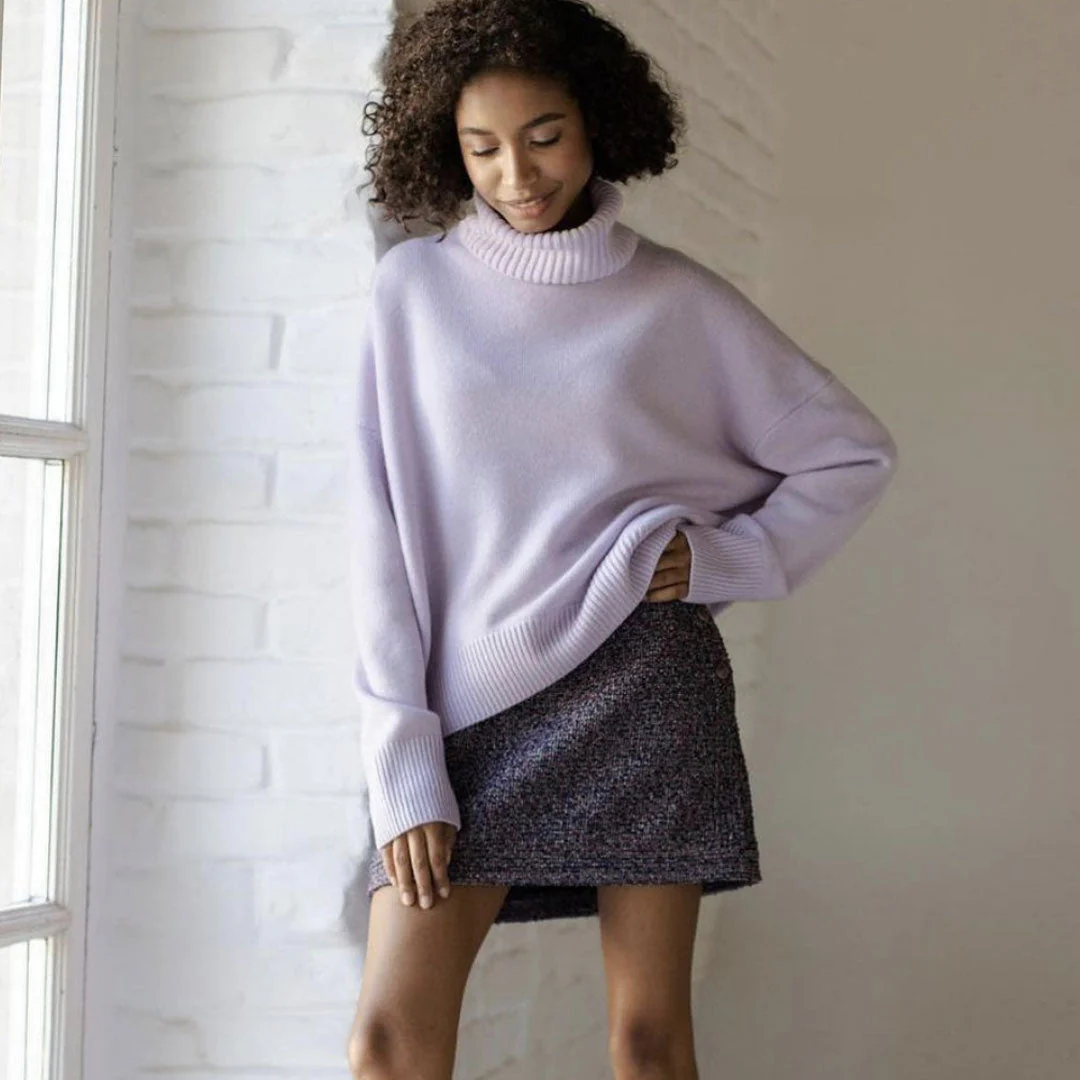 Asymmetric Rib Trim Turtleneck Long Sleeve Oversized Pullover Sweater - Lilac - Image 2