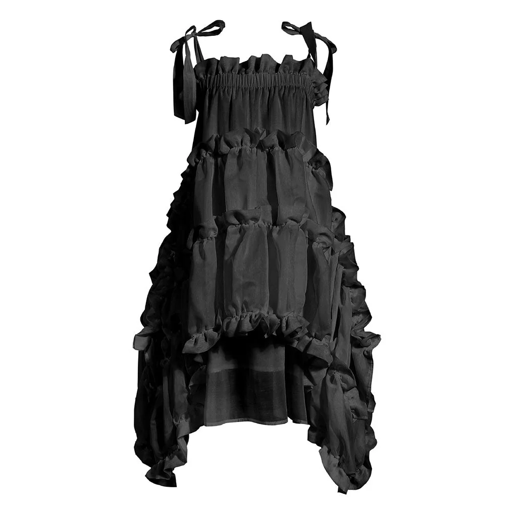 Asymmetric Ruffle Tiered Shoulder Tie Chiffon Midi Babydoll Dress - Image 2
