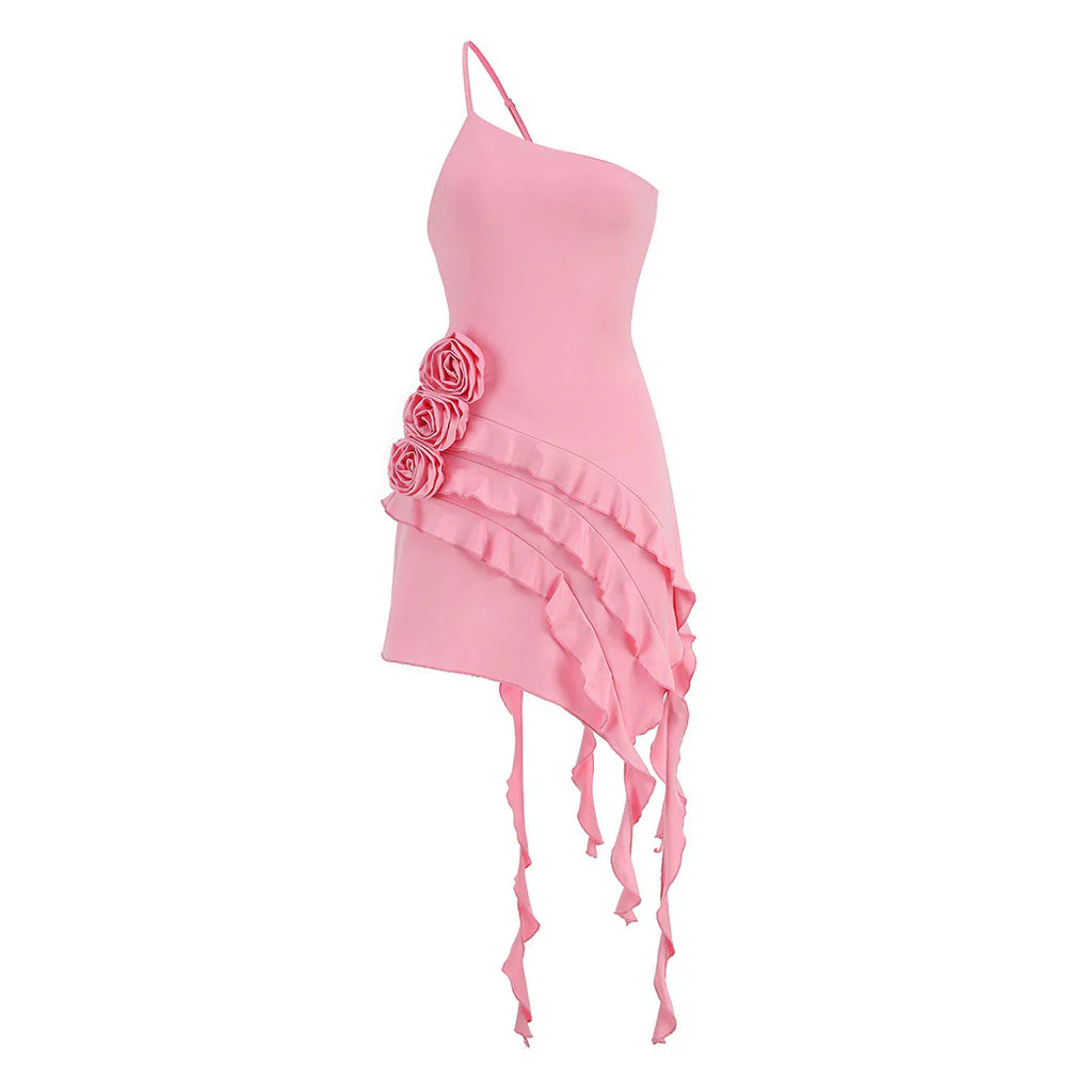 Asymmetric Ruffled One Shoulder Sleeveless Rosette Trim Mini Party Dress - Image 4