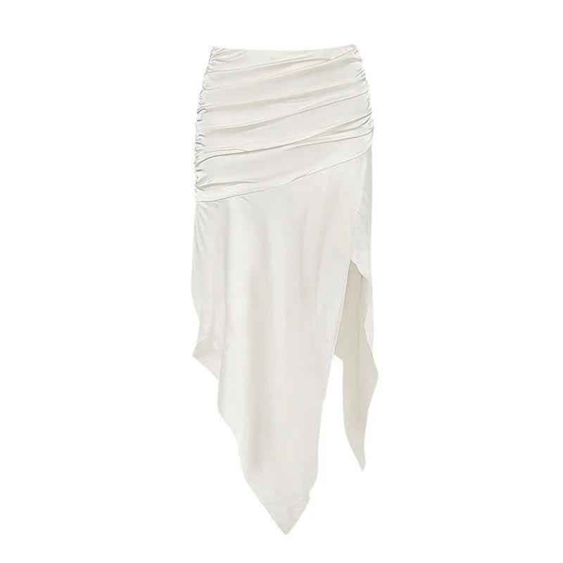 Asymmetric Satin Ruched Side Zipper Drop Waist Midi Skirt - Beige - Image 4