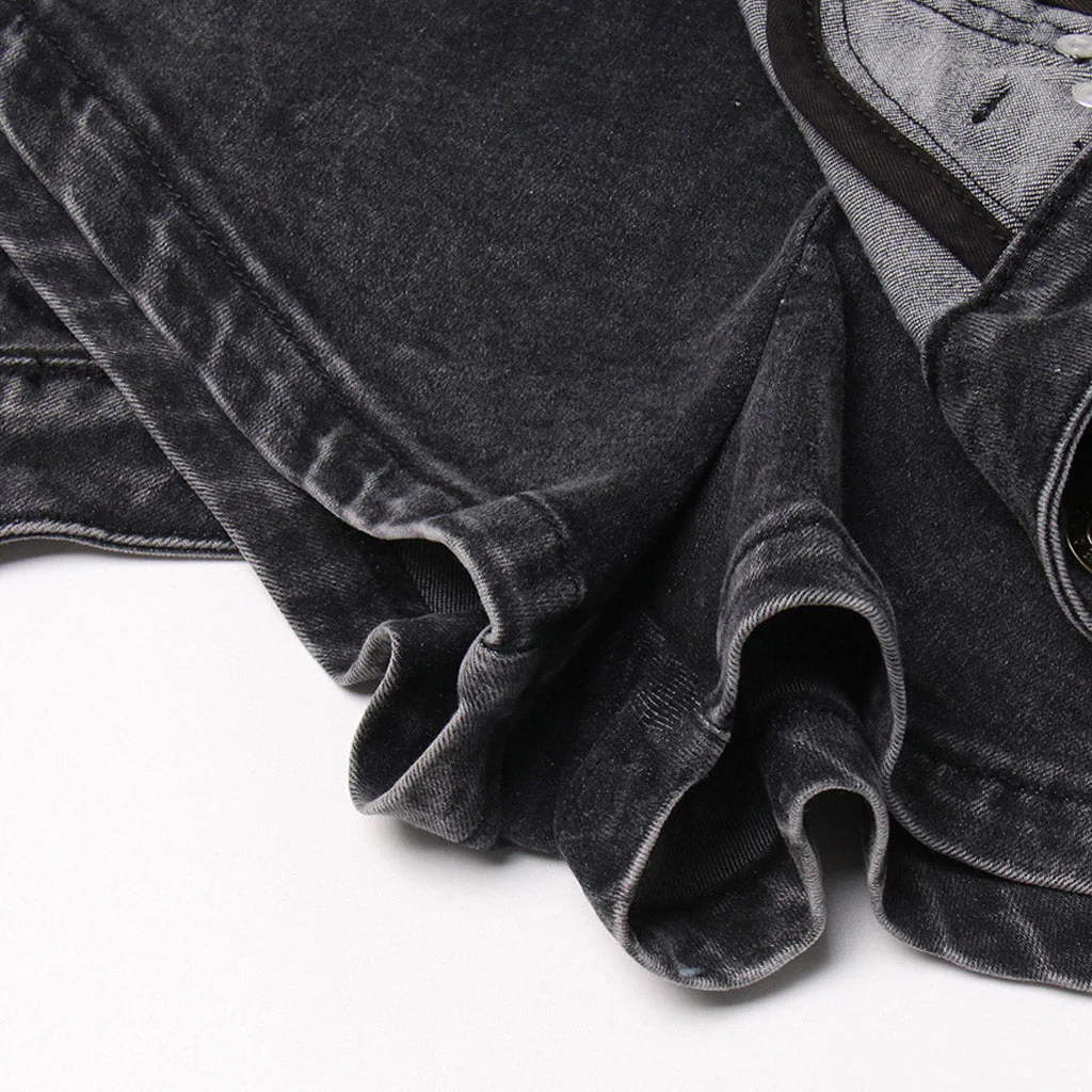 Asymmetric Upside Down High Waist Cutoff Denim Skorts - Image 6