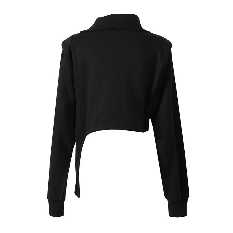 Asymmetric Zip Detail Turtleneck Shoulder Pad Long Sleeve Crop Top - Image 2