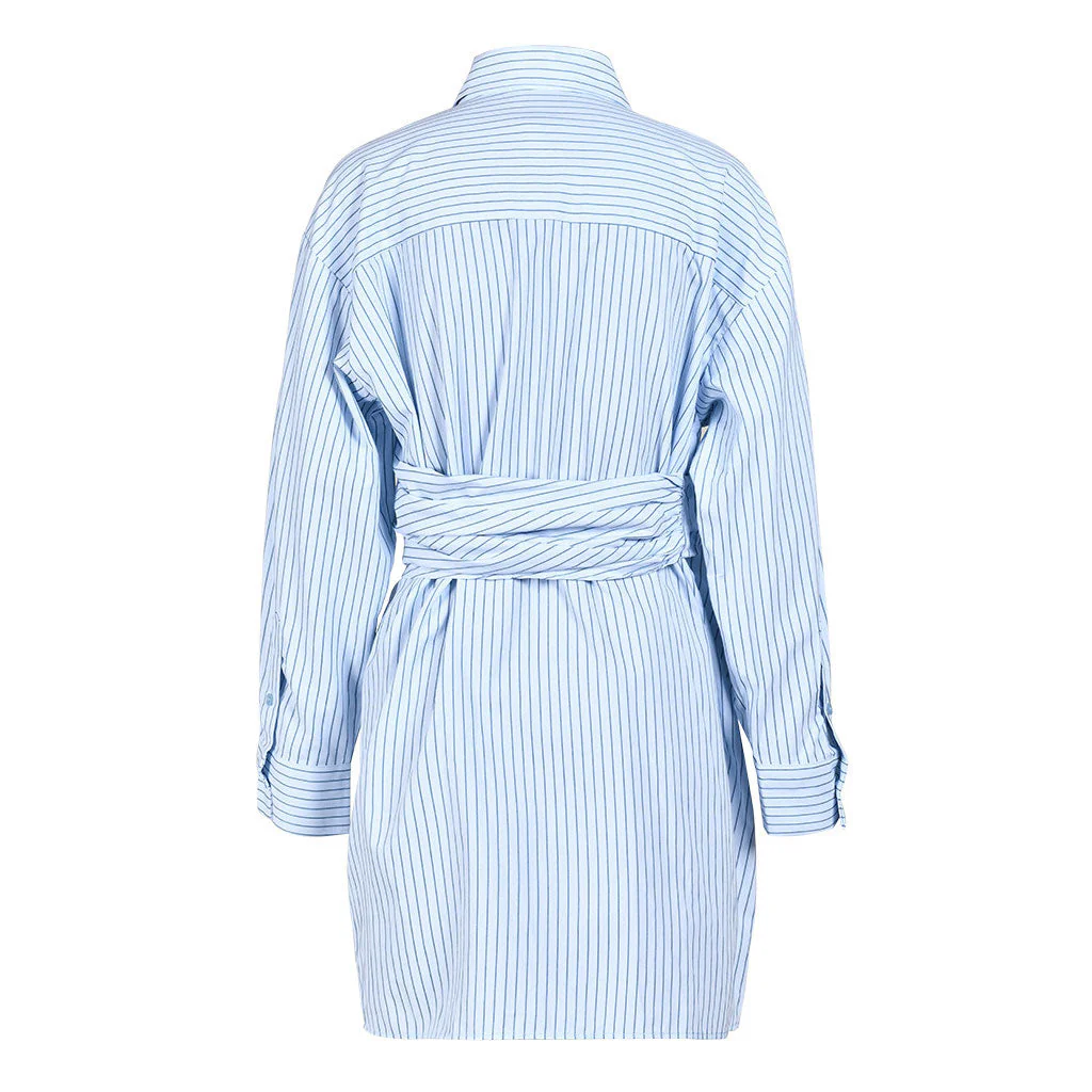 Asymmetrical Button Down Collared Wrap Effect Deconstructed Striped Mini Shirt Dress - Image 3