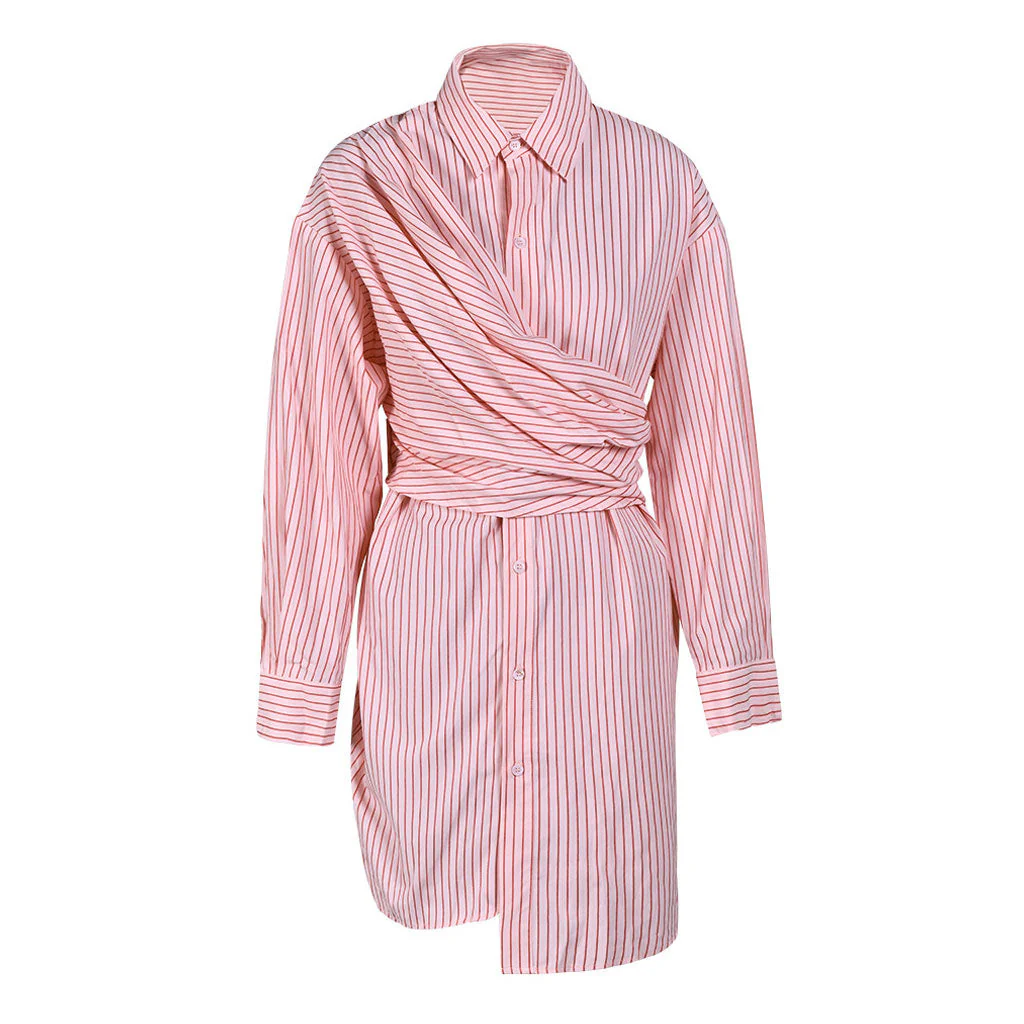 Asymmetrical Button Down Collared Wrap Effect Deconstructed Striped Mini Shirt Dress - Image 4