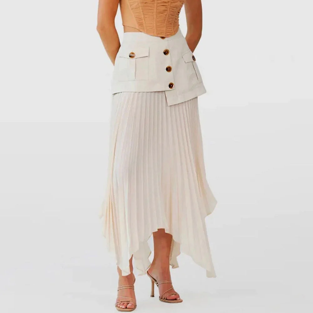 Asymmetrical Chiffon High Waist Panel Trim Button Up Pleated Midi Skirt - Beige - Image 2