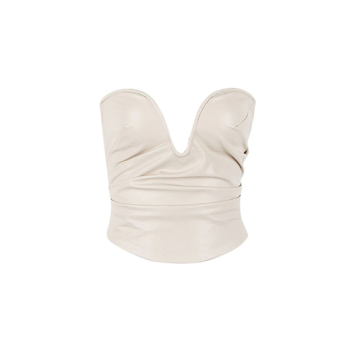 Asymmetrical Faux Leather Ruched Deep V Cropped Tube Top - Apricot - Image 4