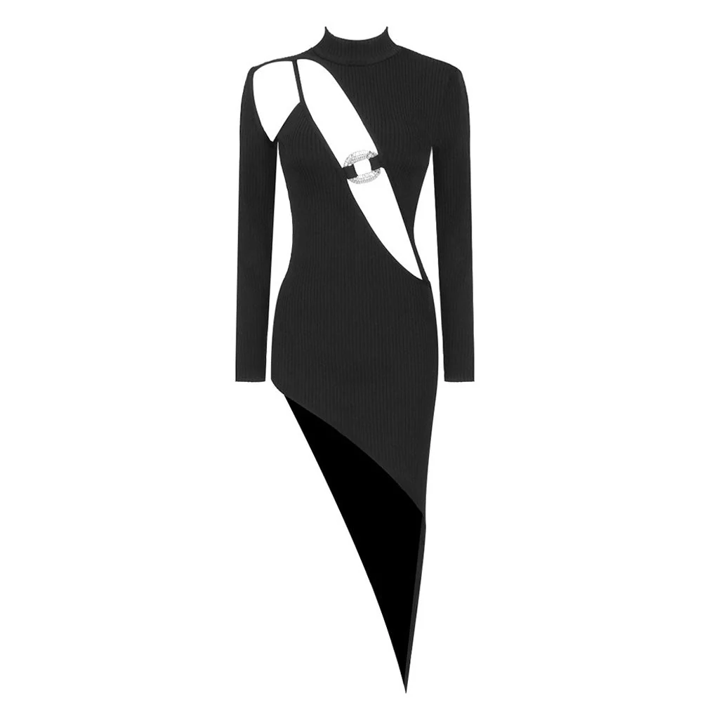 Asymmetrical High Neck Long Sleeve Chunky Knit Bandage Crystal CutOut Dress - Image 5