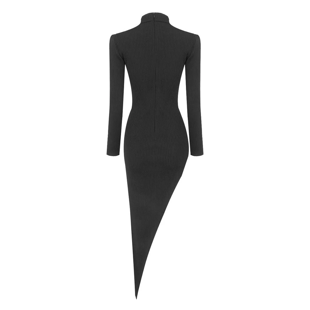 Asymmetrical High Neck Long Sleeve Chunky Knit Bandage Crystal CutOut Dress - Image 7