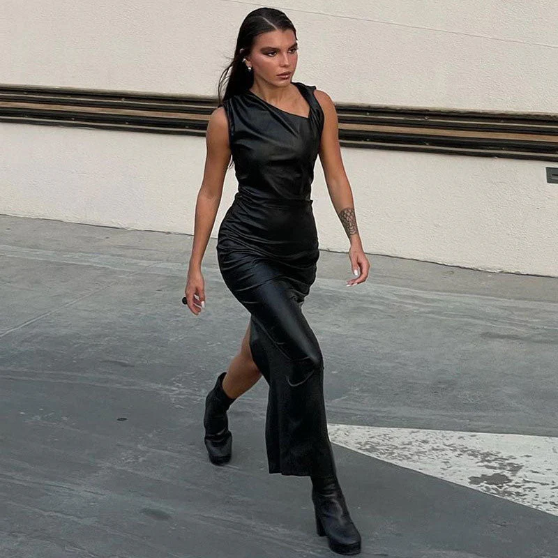 Asymmetrical Neck Twist Trim Sleeveless Faux Leather Bodycon Maxi Dress - Black - Image 2