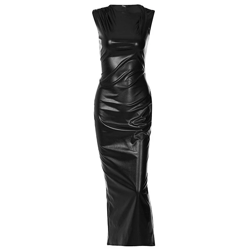 Asymmetrical Neck Twist Trim Sleeveless Faux Leather Bodycon Maxi Dress - Black - Image 3