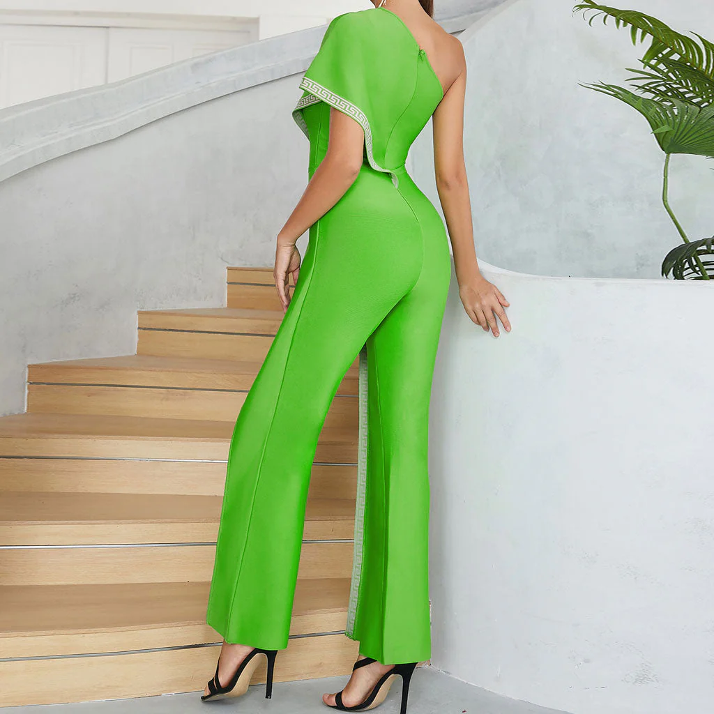 Asymmetrical One Shoulder Contrast Geometric Trim Wide Leg Bandage Jumpsuit - Image 4
