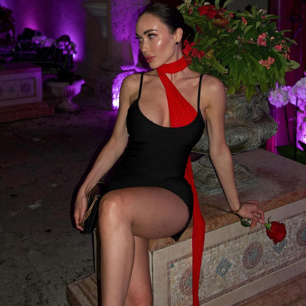 Asymmetrical Red Tulle Scarf Halter Sleeveless Black Bandage Slip Mini Dress - Image 4