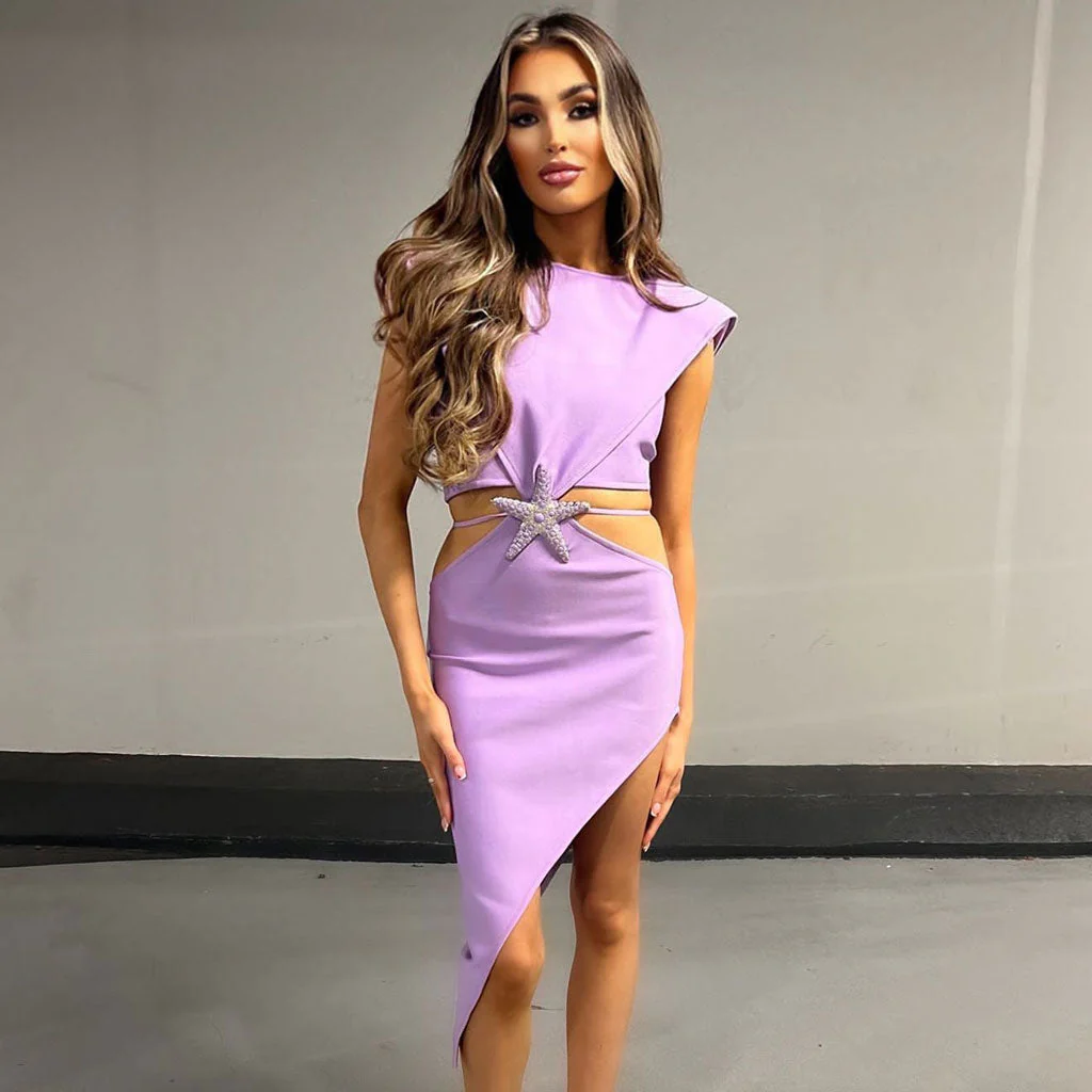 Asymmetrical Rhinestone Starfish Embellished CutOut Shoulder Pad Bandage Cocktail Dress