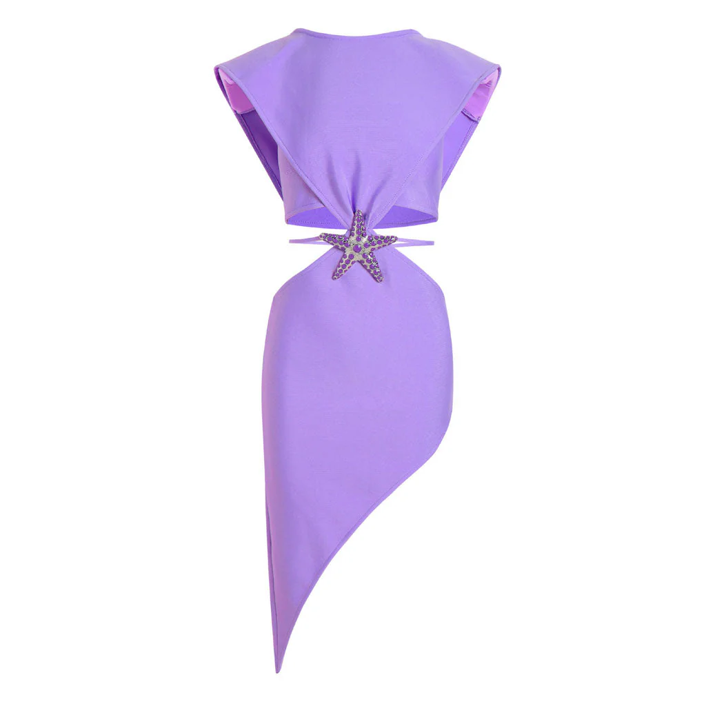 Asymmetrical Rhinestone Starfish Embellished CutOut Shoulder Pad Bandage Cocktail Dress - Image 2
