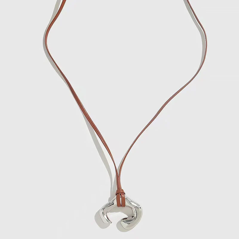 Asymmetrical Rhodium Plated Cuff Pendant Extra Long Leather NeckLace - Image 2