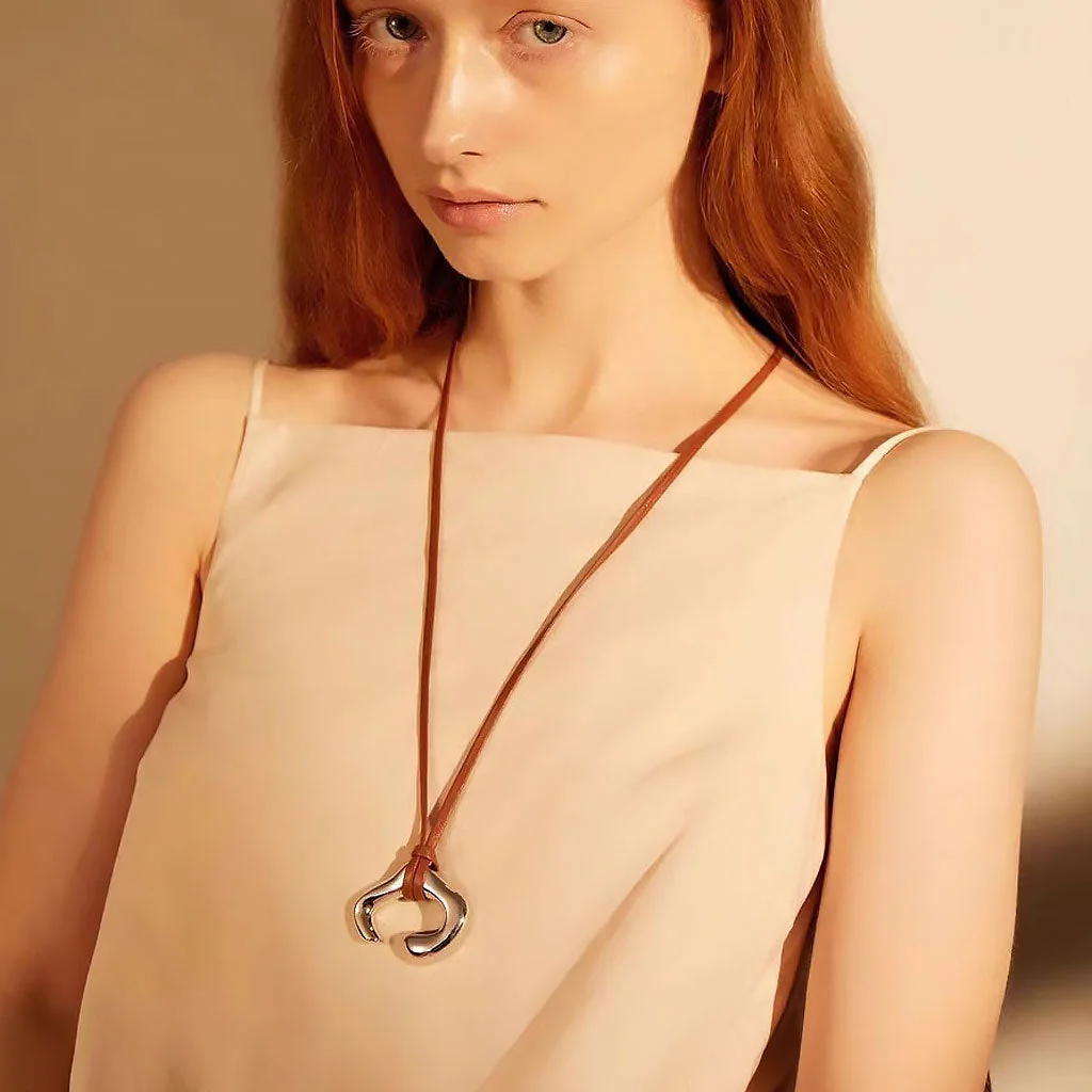 Asymmetrical Rhodium Plated Cuff Pendant Extra Long Leather NeckLace - Image 4